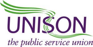 The logo of the public service union, Unison. Purple letters on a white background.