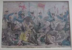 An artwork depicting the scene at the Peterloo massacre in August 1819. 