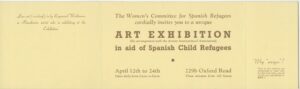 An image promoting an art exhibition that was organised by the Women's Committee for Spanish Refugees on Oxford Road in Manchester.