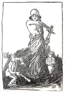 A cartoon showing a a women holding a sword and looking at a man wearing a hat labeled 'Mine Owner'. A man wearing hat labeled 'Miner' is shown on the others side with crossed arms.