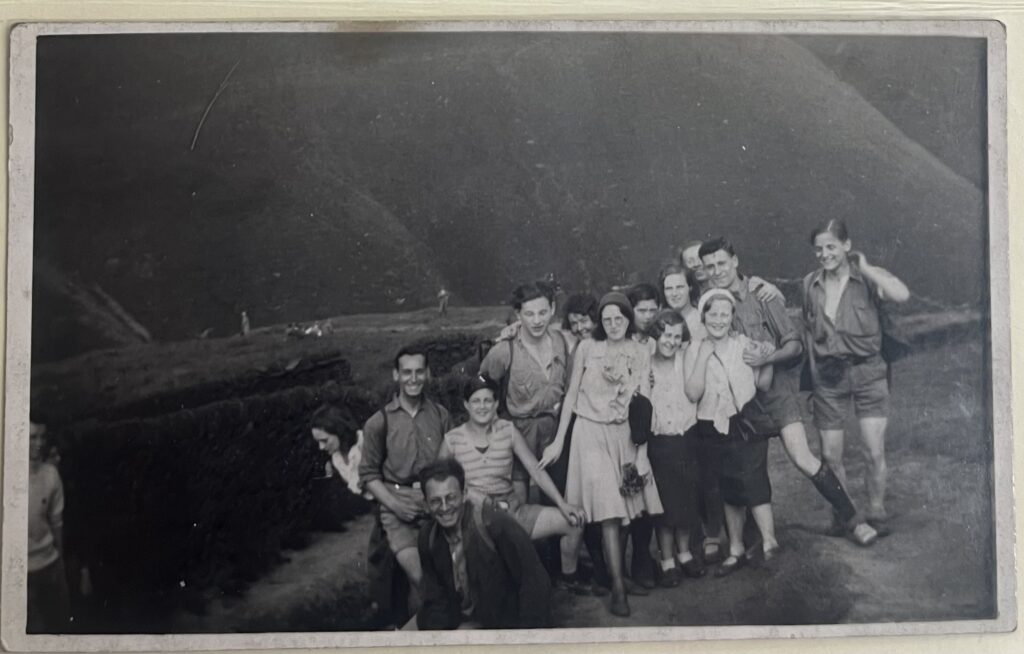 A black and white photo of Members of the BWSF at Jacob’s Ladder, Kinder Scout. 